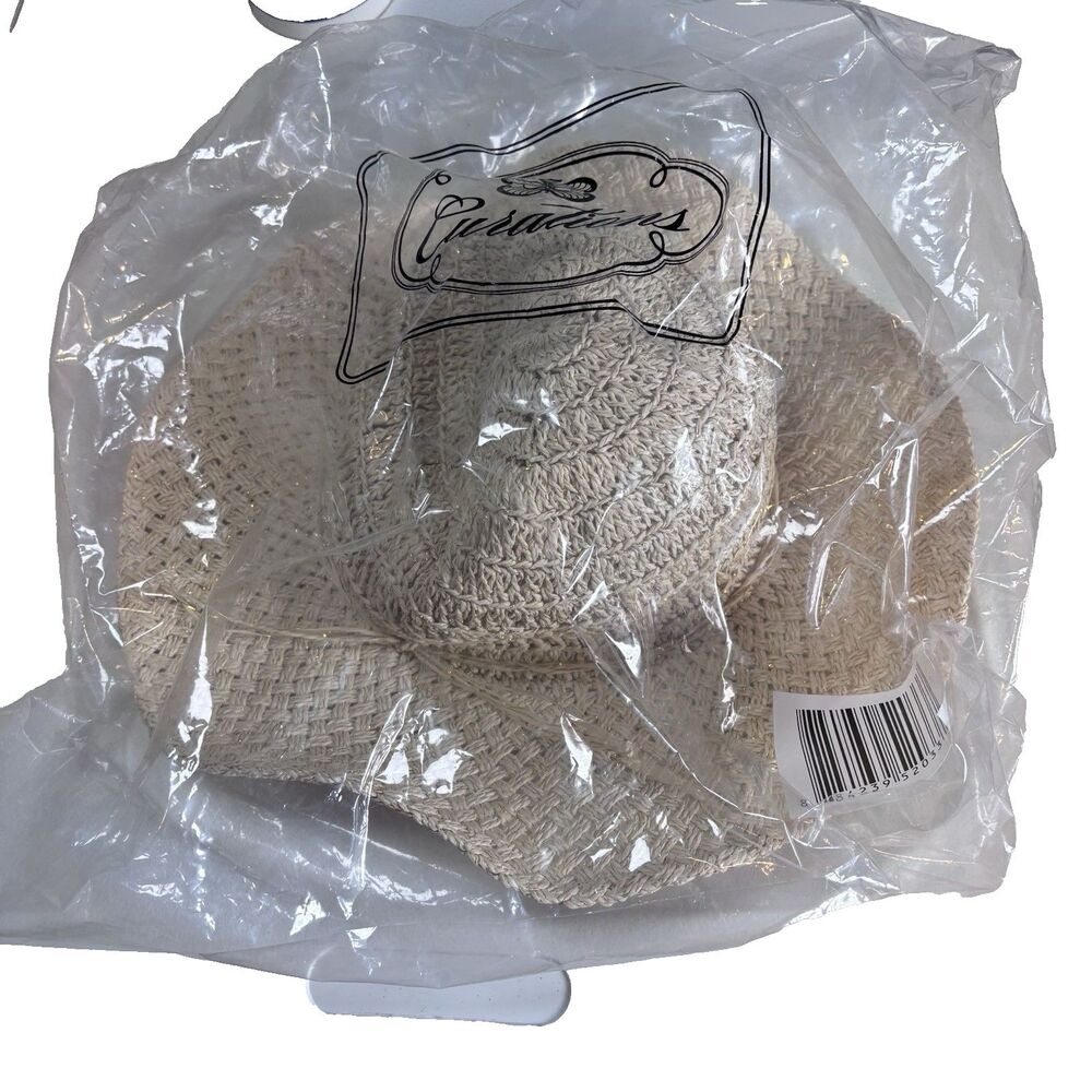 Curations Cream And Gold Paper Straw Packable Pool Beach Sun Hat NWT